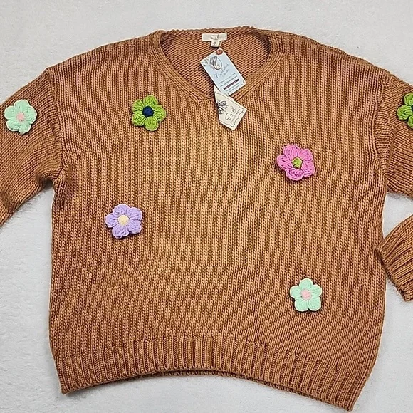 Easel Daisy Flower Applique Knit V-Neck Sweater New With Tags - Picture 4 of 12